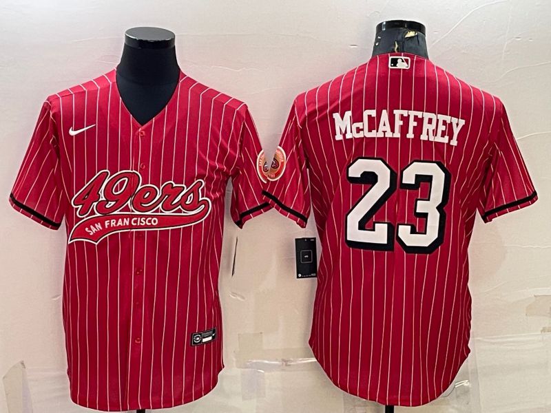 Men San Francisco 49ers #23 Mccaffrey Red stripe 2022 Nike Co branded NFL Jerseys->san francisco 49ers->NFL Jersey